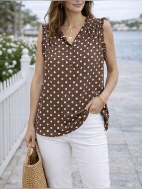 Brown Polka Dot Blouse Ruffle Sleeveless Top XL Trendy Cottagecore
